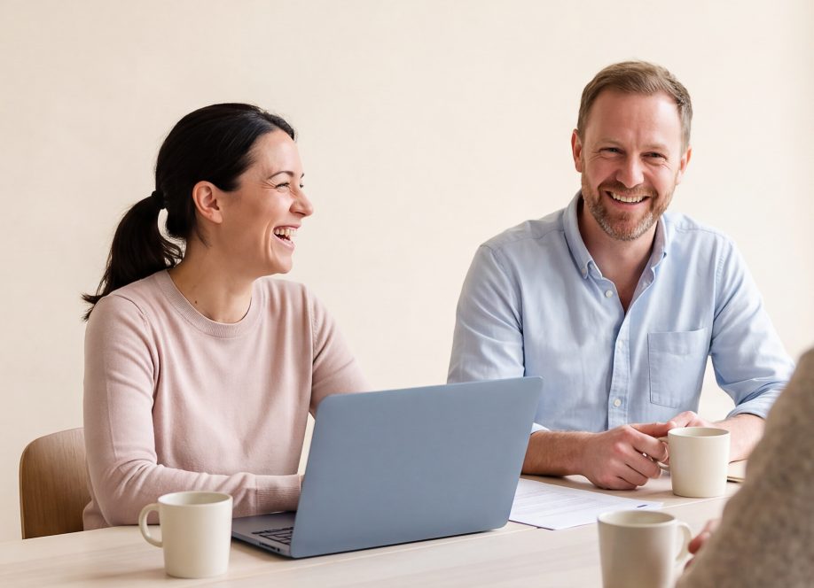 Zwei Teilnehmer lachen am Laptop